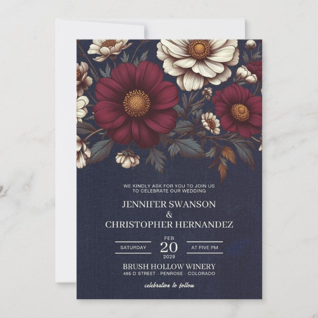 Navy Blue and Burgundy Floral Wedding Invitation (Front)