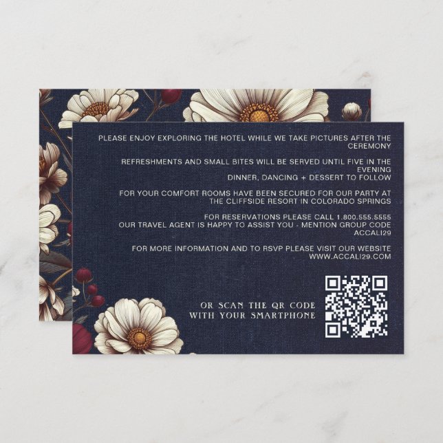 Navy Blue and Burgundy Floral Wedding QR Code Enclosure Card (Front/Back)