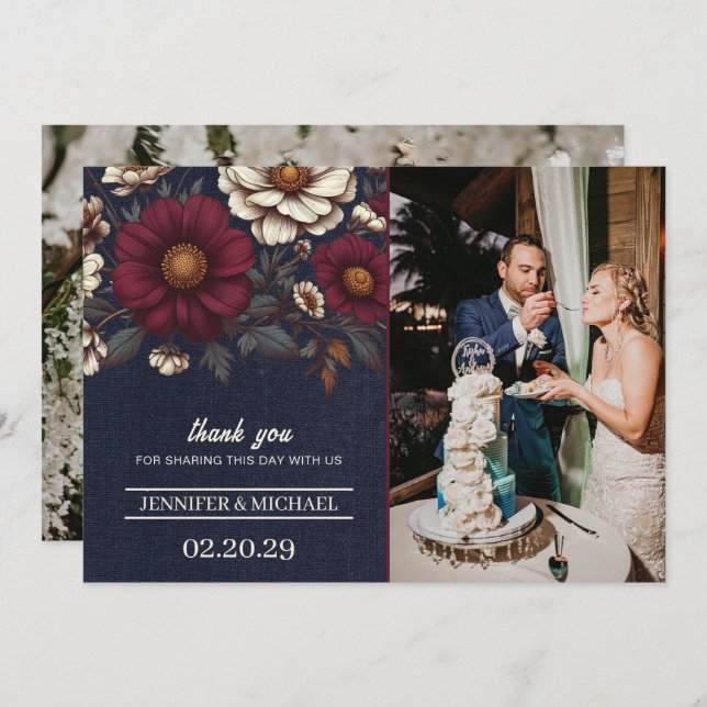 Navy Blue and Burgundy Floral Wedding Thank You Card (Front/Back)