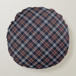 Navy Blue and Burgundy Plaid Round Pillow