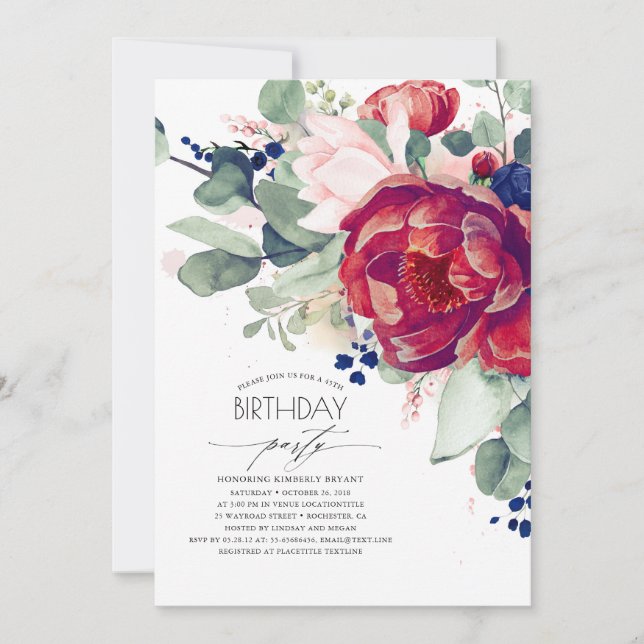 Navy Blue and Burgundy Red Floral Birthday Party Invitation (Front)