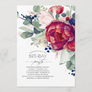 Navy Blue and Burgundy Red Floral Birthday Party Invitation