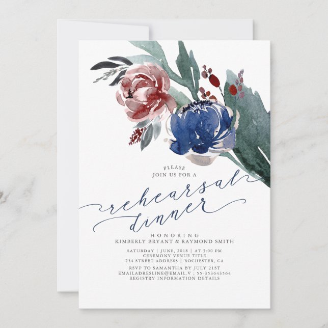 Navy Blue and Burgundy Red Floral Rehearsal Dinner Invitation (Front)
