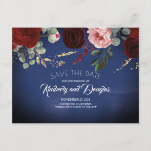 Navy Blue and Burgundy Red Floral Save the Date Announcement Postcard