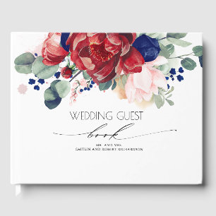 Navy Blue and Burgundy Red Floral Wedding Guest Book