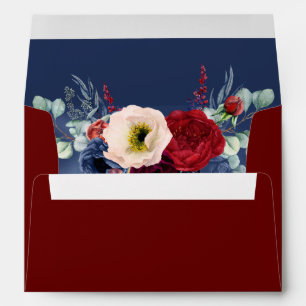 Navy Blue and Burgundy Red Flowers Elegant Wedding Envelope