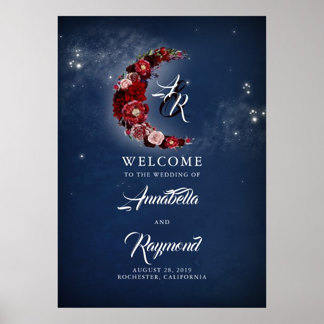 Navy Blue and Burgundy Starry Wedding Welcome Sign (Front)
