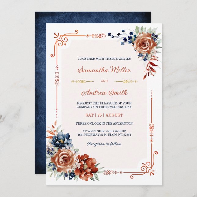 Navy Blue and Burnt Orange Gold Wedding Template (Front/Back)