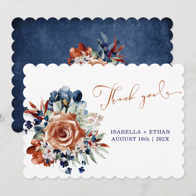 Navy Blue and Burnt Orange  Wedding Thank You card (Front/Back)