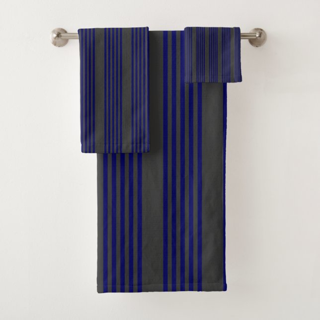Navy blue and charcoal five stripes pattern bath towel set (Insitu)