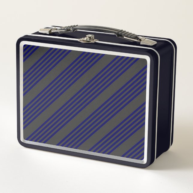 Navy blue and charcoal five stripes pattern metal lunch box (Front)