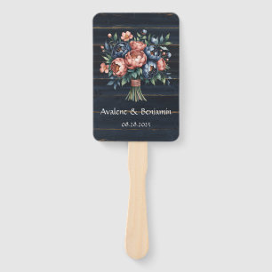 Navy Blue and Copper Peony Bouquet Wood Wedding Hand Fan
