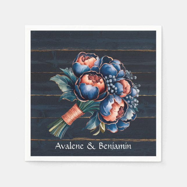 Navy Blue and Copper Peony Bouquet Wood Wedding Napkin (Front)