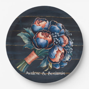 Navy Blue and Copper Peony Bouquet Wood Wedding Paper Plate