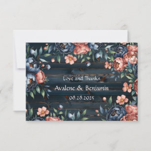 Navy Blue and Copper Peony Bouquet Wood Wedding Thank You Card
