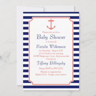 Navy Blue and Coral Anchor Silhouette Invitation