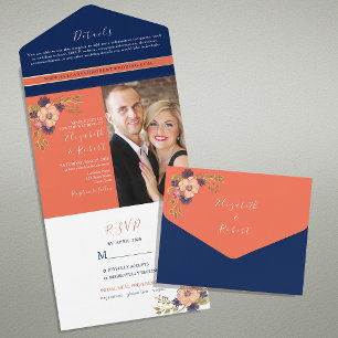 Navy Blue and Coral Boho Floral Wedding All In One Invitation