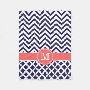 Navy Blue and Coral Chevron Custom Monogram Fleece Blanket