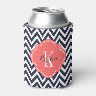 Navy Blue and Coral Chevron Monogram Can Cooler