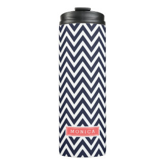 Navy Blue and Coral Chevron Monogram Thermal Tumbler