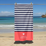 Navy Blue and Coral Chic Stripes Heart Monogram Beach Towel<br><div class="desc">Stylish custom beach towel in coral, navy blue and white colours. This design features a preppy classic navy and white striped pattern. Personalise it with your name monogram or other custom text with a cute heart symbol. Use the design tools to choose any background colours, edit the text fonts and...</div>