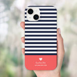 Navy Blue and Coral Chic Stripes Heart Monogram Case-Mate iPhone 14 Case<br><div class="desc">Stylish custom phone case in coral, navy blue and white colours. This design features a preppy classic navy and white striped pattern. Personalise it with your name monogram or other custom text with a cute heart symbol. Use the design tools to choose any background colours, edit the text fonts and...</div>