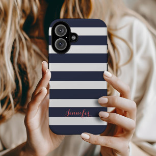 Navy Blue and Coral Classic Stripes Monogram iPhone 16 Case