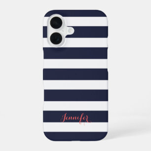 Navy Blue and Coral Classic Stripes Monogram iPhone 16 Case