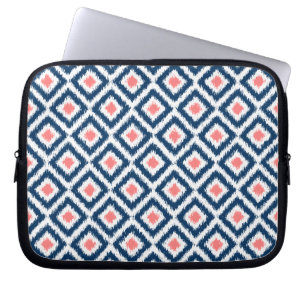 Navy Blue and Coral Diamond Ikat Pattern Laptop Sleeve