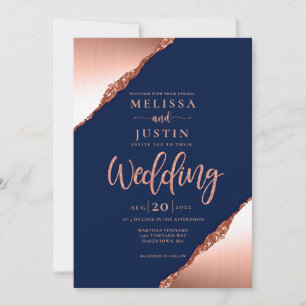 Navy Blue and Coral Glitter Wedding Invitation