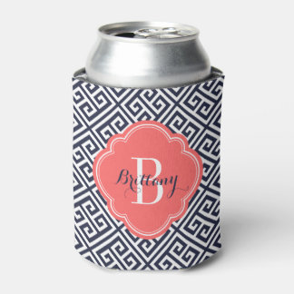 Navy Blue and Coral Greek Key Monogram Can Cooler
