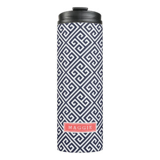 Navy Blue and Coral Greek Key Monogram Thermal Tumbler