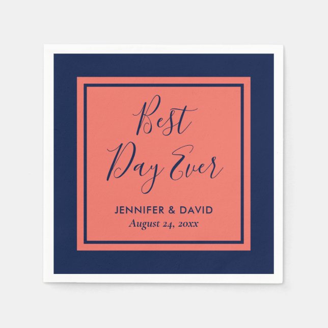 Navy Blue and Coral Modern Script Wedding Napkin (Front)