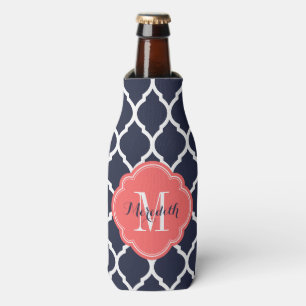 Navy Blue and Coral Moroccan Quatrefoil Monogram Bottle Cooler