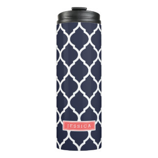 Navy Blue and Coral Moroccan Quatrefoil Monogram Thermal Tumbler
