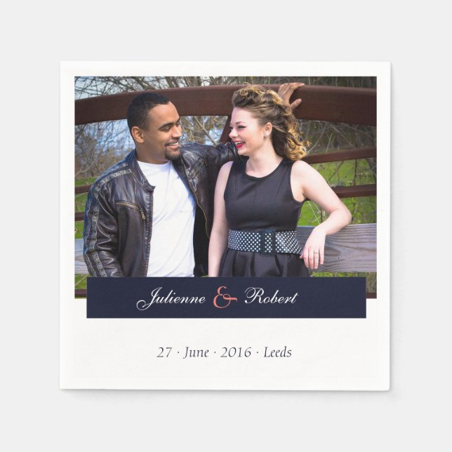 Navy Blue and Coral Photo Wedding Cocktail Napkins (Front)