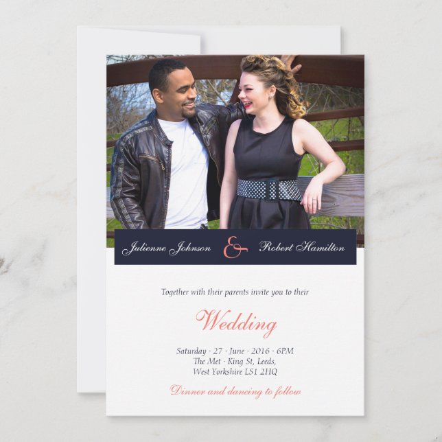 Navy Blue and Coral Photo Wedding Invitation (Front)