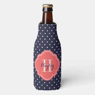 Navy Blue and Coral Polka Dots Monogram Bottle Cooler