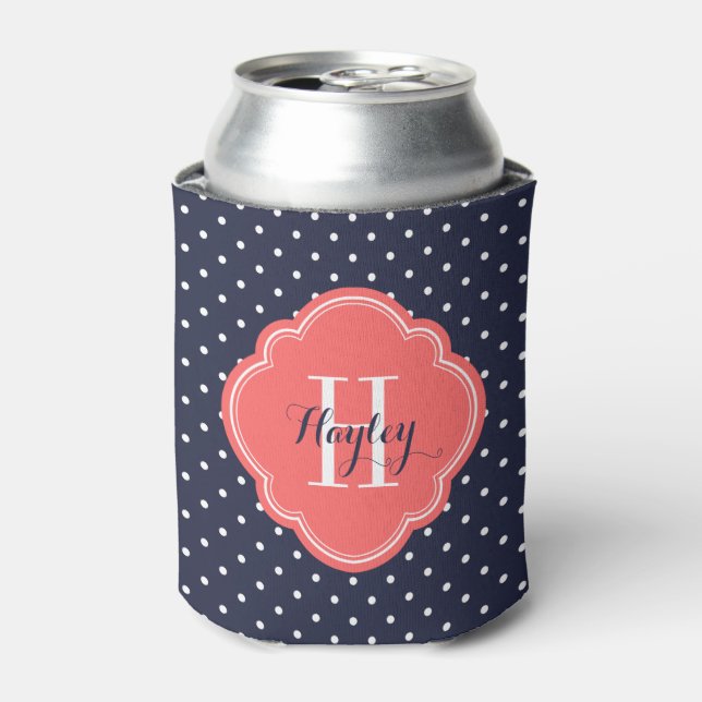 Navy Blue and Coral Polka Dots Monogram Can Cooler (Can Front)