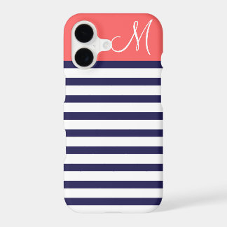 Navy Blue and Coral Preppy Stripes Monogram