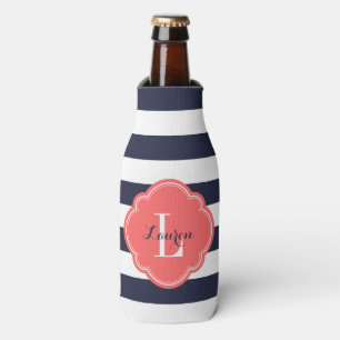 Navy Blue and Coral Preppy Stripes Monogram Bottle Cooler