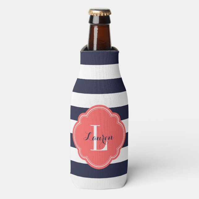 Navy Blue and Coral Preppy Stripes Monogram Bottle Cooler (Bottle Front)