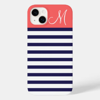 Navy Blue and Coral Preppy Stripes Monogram Case-Mate iPhone 14 Plus Case