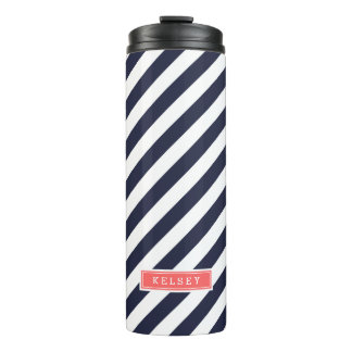 Navy Blue and Coral Preppy Stripes Monogram Thermal Tumbler