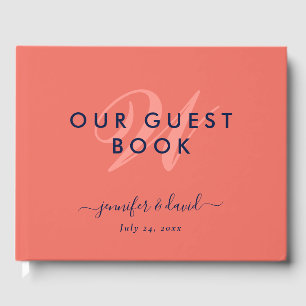 Navy Blue and Coral Script Monogram Wedding Guest  Book