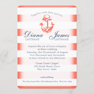 Navy Blue and Coral Stripe Nautical Wedding Invitation