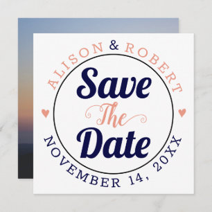 Navy blue and coral typography photo on the back save the date