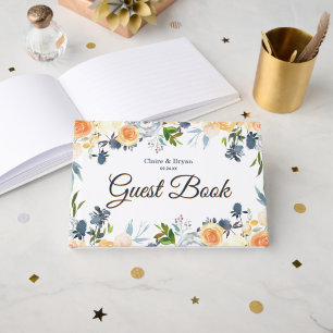 Navy Blue and Coral Watercolor Floral Wedding Guest Book