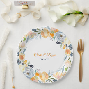 Navy Blue and Coral Watercolor Floral Wedding Paper Plate