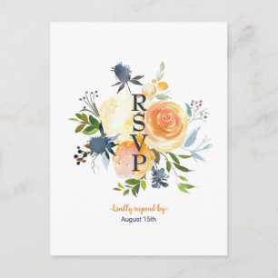 Navy Blue and Coral Watercolor Floral Wedding RSVP Invitation Postcard